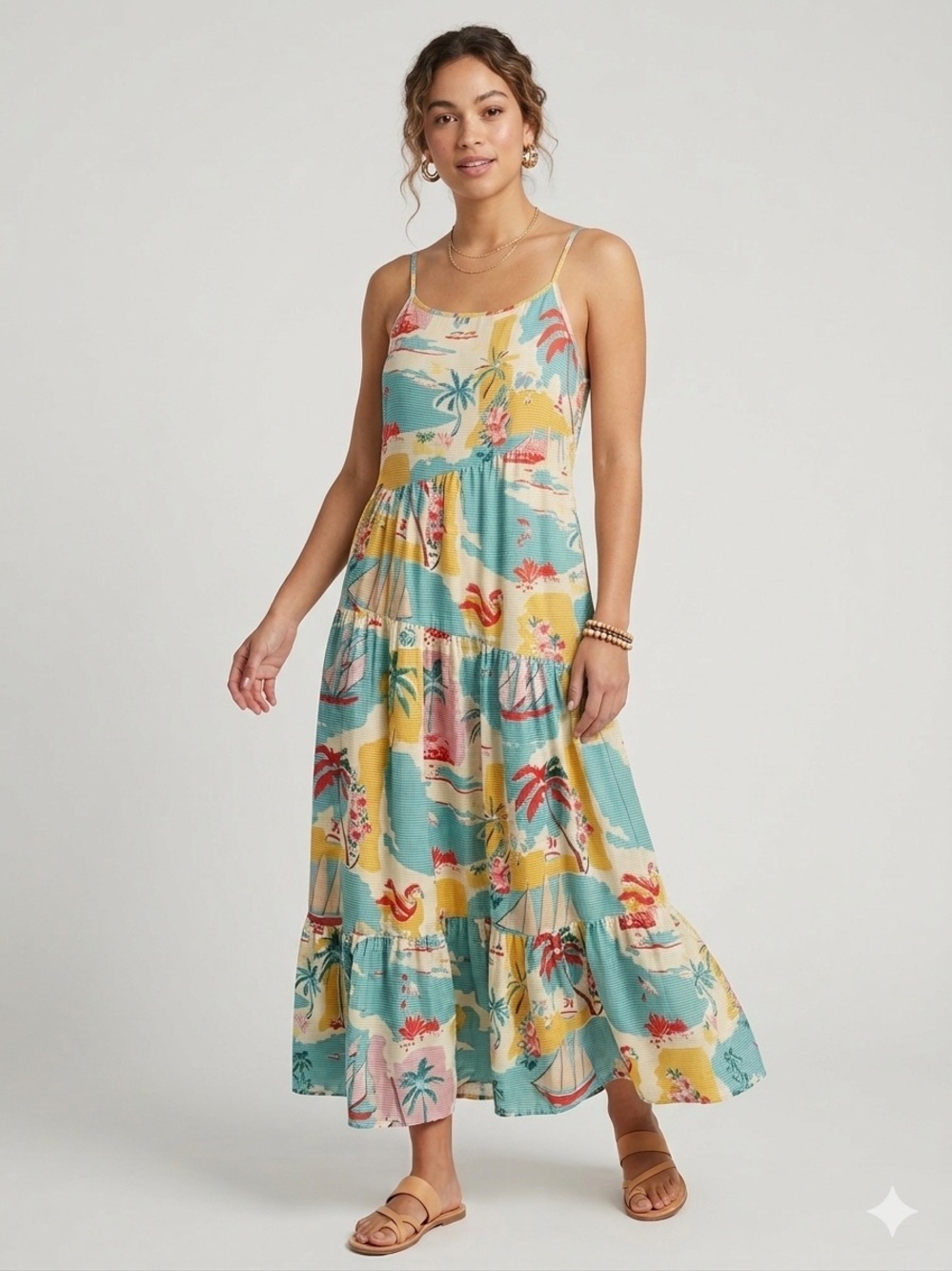 True Destinations Tropical Tiered Maxi Dress Beachy Palm Print Sundress Boho MED